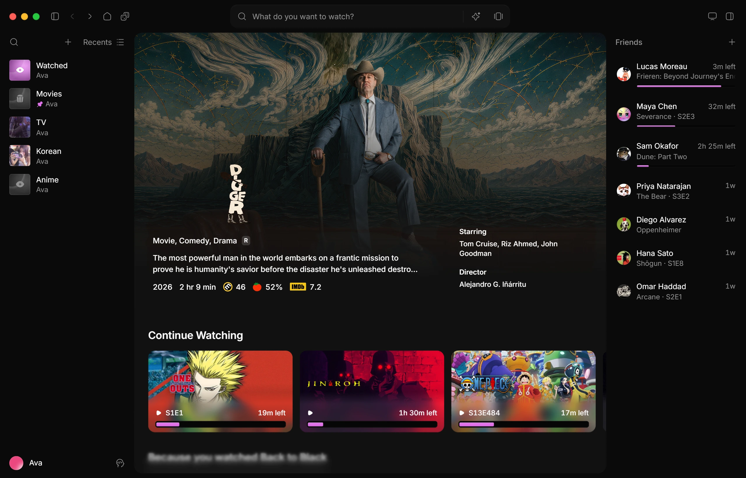 Vesper's home screen, with a featured film, Continue Watching, watchlists and friends