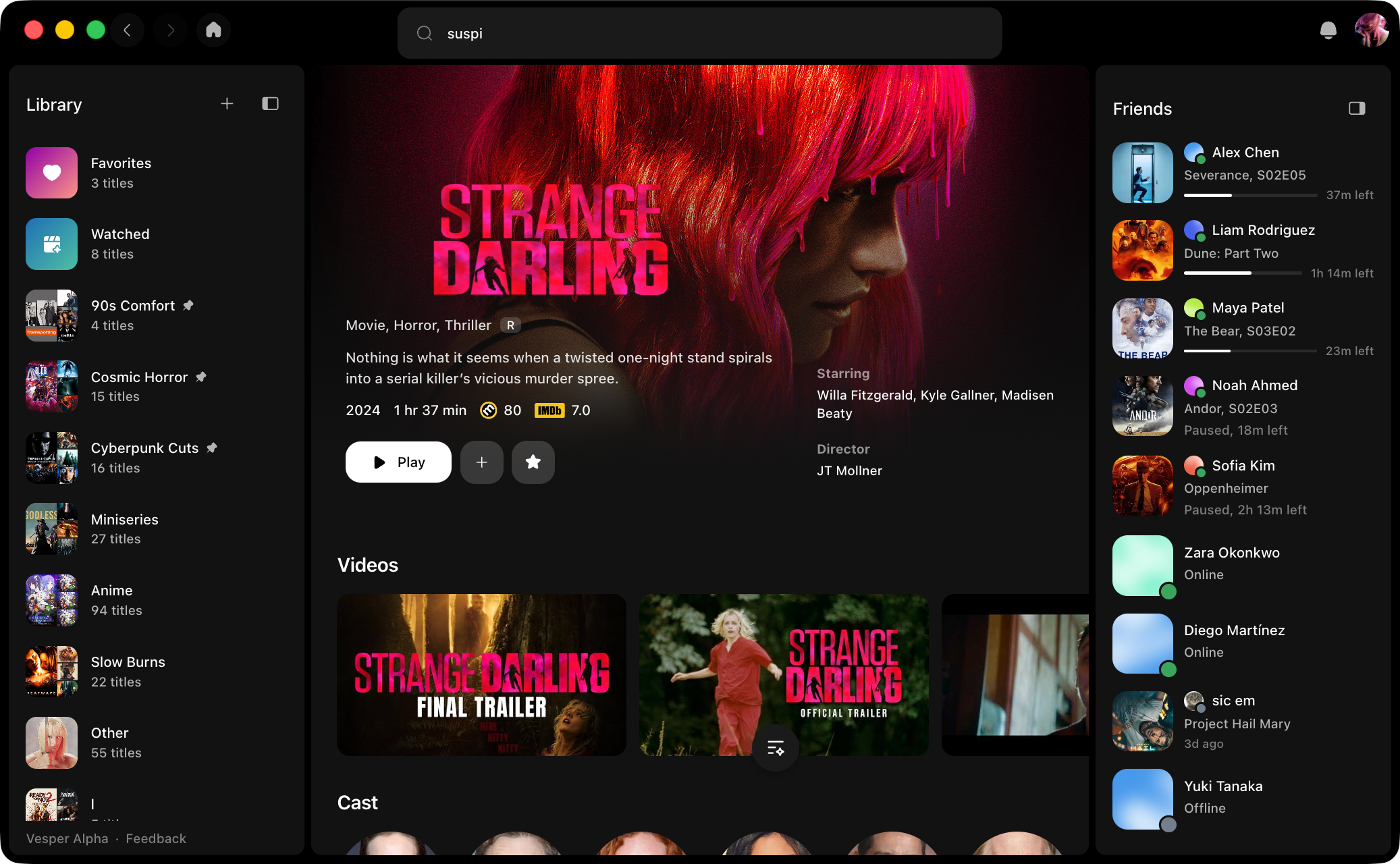 Vesper app, showing the detail page for a movie with friends watching activity on the right